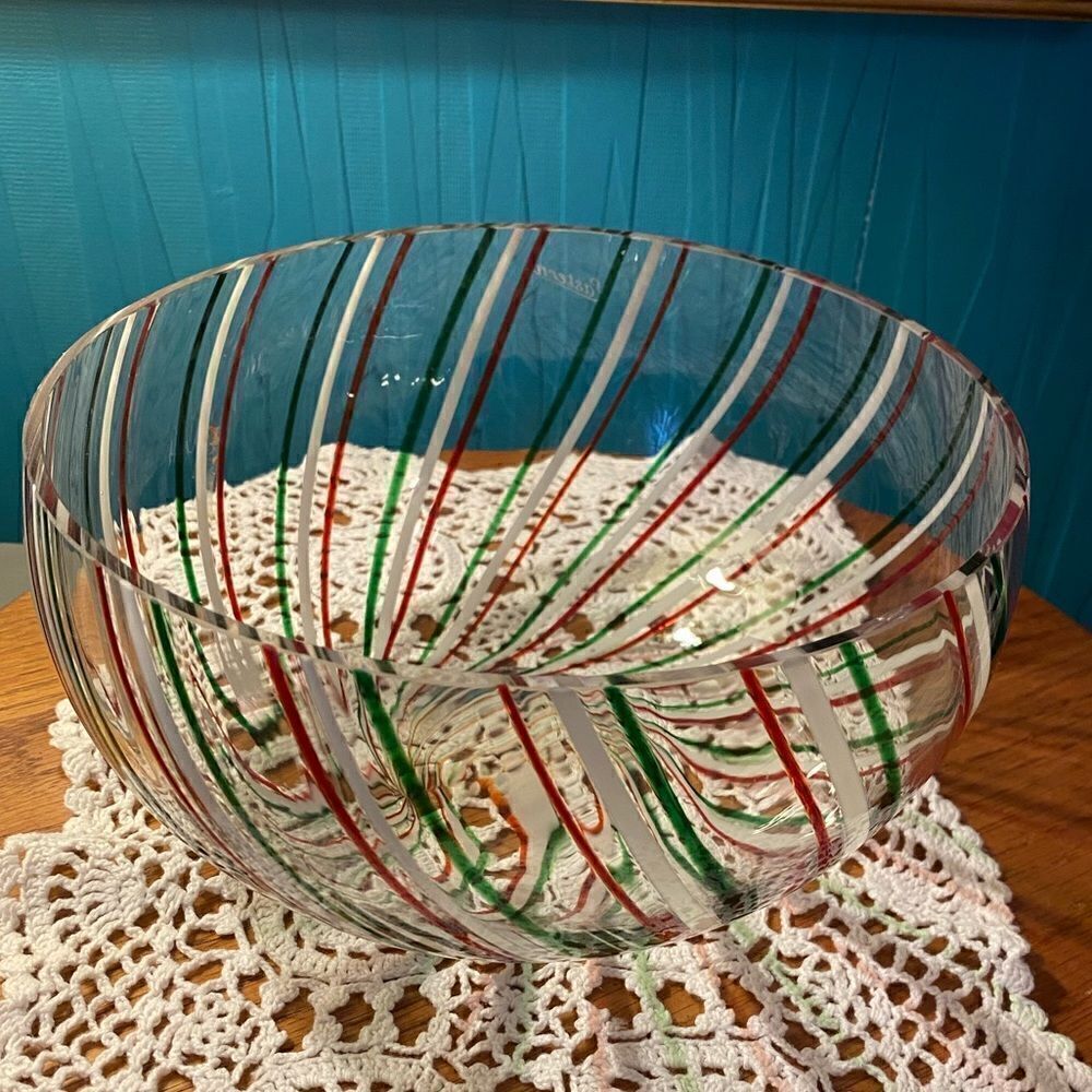 Glass bowl red and green striped Christmas candy dish decorations holiday